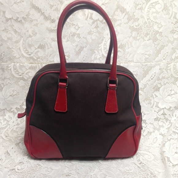Prada Brown Canvas -Red Leather Trim Shoulder Bag - Picture 5 of 16